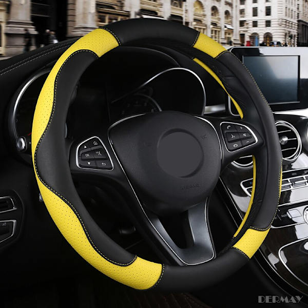(Gul)1 PC PU Läder Cover Mjuk Anti-halk Bil-styling Sport Auto Rattskydd Tillbehör som andas bra Yellow
