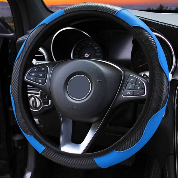 (Svart Blå) Cover för bil Andas Anti-Slip PU-läder Styrskydd Lämplig 37-38 cm Auto Rattskydd Black Blue