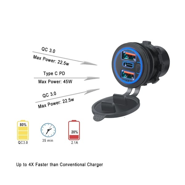 12V/24V Triple Porte 68W USB-C Multipel Biloplader Socket PD3.0 3USB QC3.0 Porte Med Touch Switch Hurtig Biladapter
