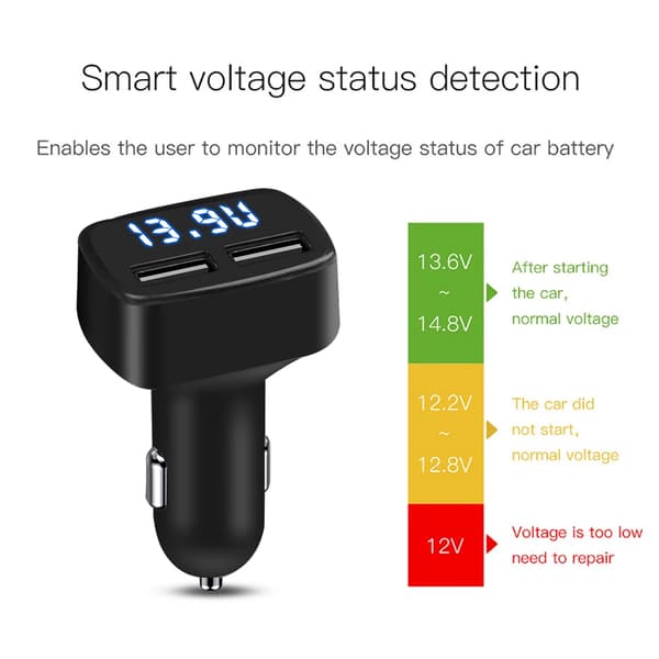4 i 1 Dubbel USB-utgång Billaddare Telefonströmadapter Digital Voltmeter Strömtestare Termometer Display 3.1A Universal