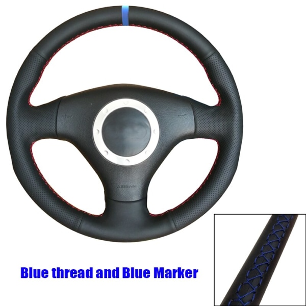 (Blå Marker)Svart Läder Röd Marker Bilrattkåpor till Audi A4 B6 2002 A3 3-ekar 2000 2001 2003 Audi TT 1999-2005 Blue Marker