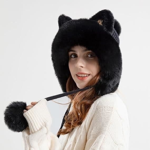 Vinter Peruvian hue til kvinder med sort pelskvast - Varm og komfortabel - One Size Black