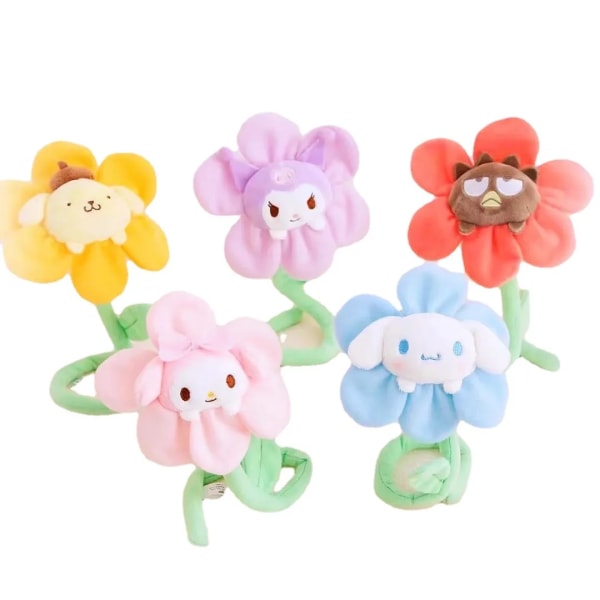 Kawai Anime Sanrios Melody Cinnamoroll Kuromi Solblomma Plyschleksakshänge Böjbart Blomma Doll Toy Girls bukett Present xo-keychain