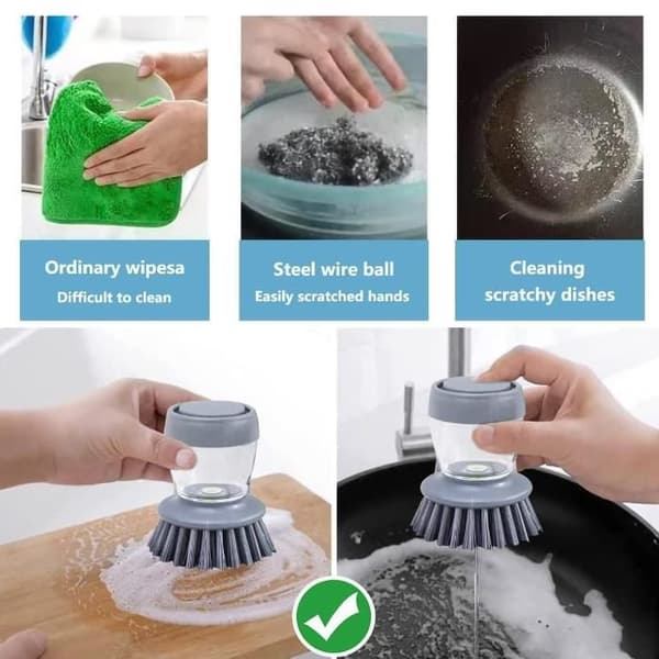 Oppvaskbørste fra Pieces Kitchen, oppvaskbørste med beholder, vaskebørste med oppvaskmiddeldispenser, grå