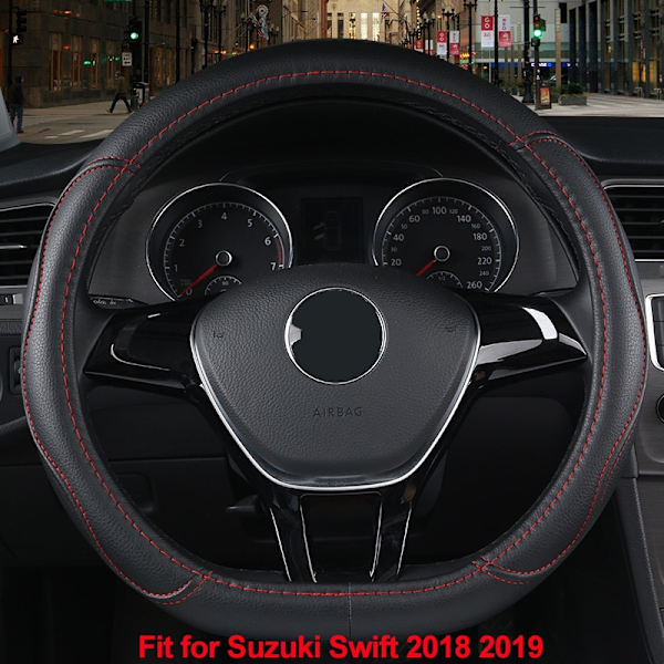 (röd tråd)D-formad cover Volant PU-läder för Suzuki Swift 2018 2019 Fläta på ratten Biltillbehör Red Thread