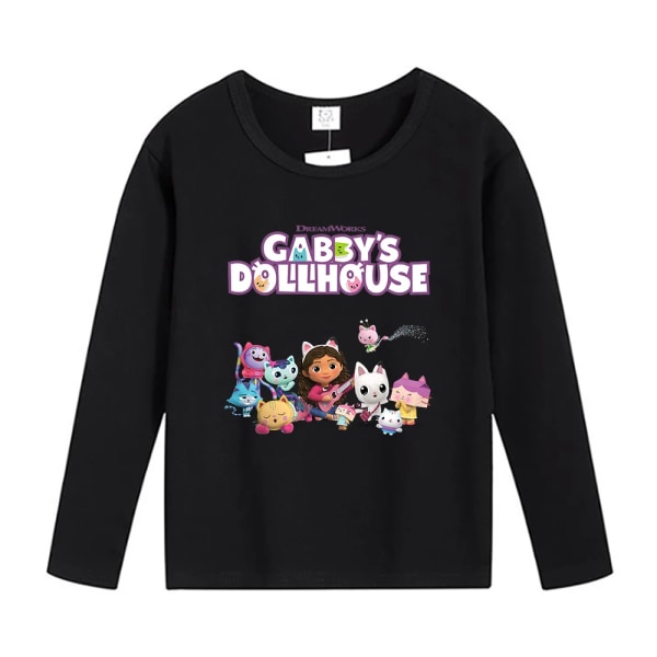 Gabby Dollhouse Långärmade T-shirts Anime Tecknad T-shirt Höst Tunna Toppar Bomull Spel Barnkläder Undertröja Barn Julklapp Black-GB15 150CM