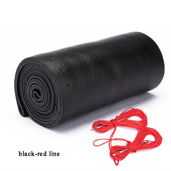 (svart-röd linje)100 % äkta läder flätad cover 15 tums bilflätningsskydd på ratten för bilinredningstillbehör black-red line