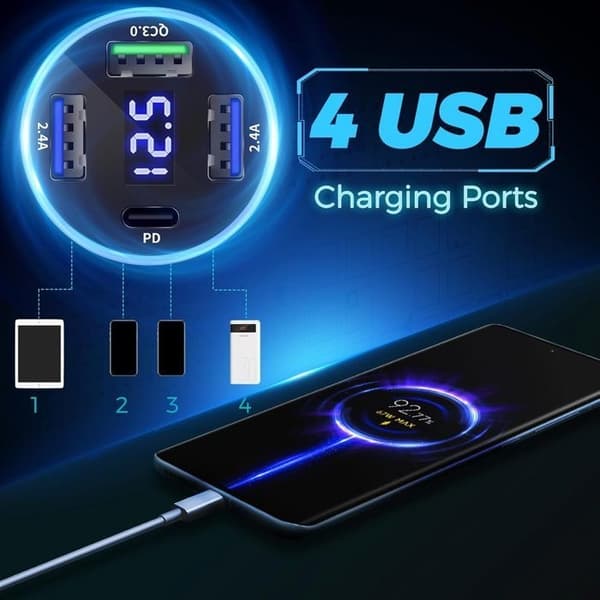(Svart) 4-Port USB C Rask Billader 50W QC3.0 & PD Billader Adapter for iPhone Android Samsung Black