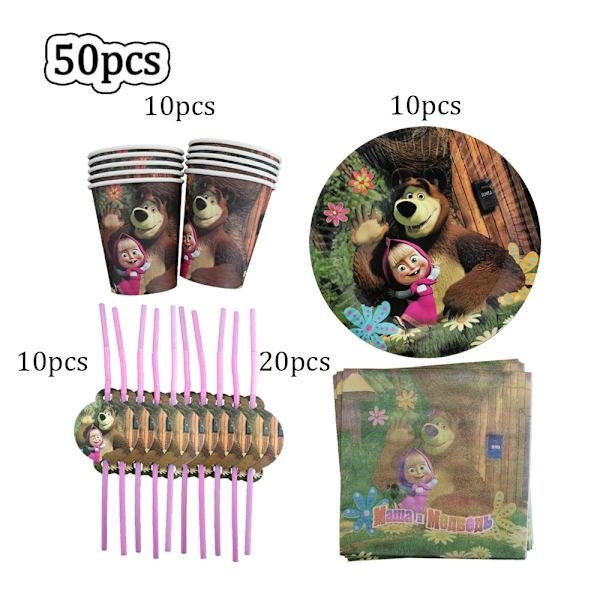 Tecknad masha och björn Tillbehör för födelsedagsfest Engångsservis Papperskopp Tallrik Servett Baby Shower Födelsedagsdekoration BPXZ-50PCS