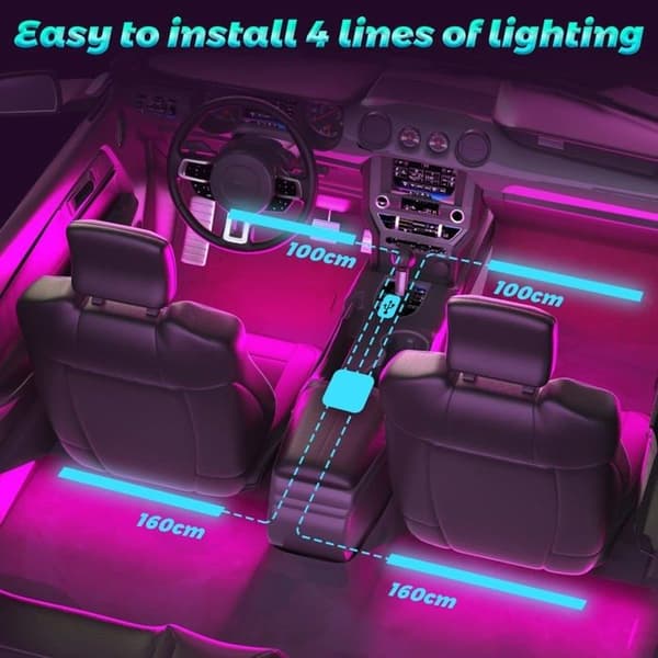 Bil LED-lampor Insida 4st 48 LED-lampor med Bil USB-port APP-kontroll för iPhone Android Smartph