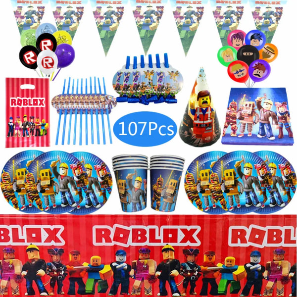 Roblox Festtillbehör Ballonger Papperskopp Tallrik Engångsservis Set Barn Roblox Födelsedagsfest Dekoration Roblox Spelfest Robot Blocks-107pcs