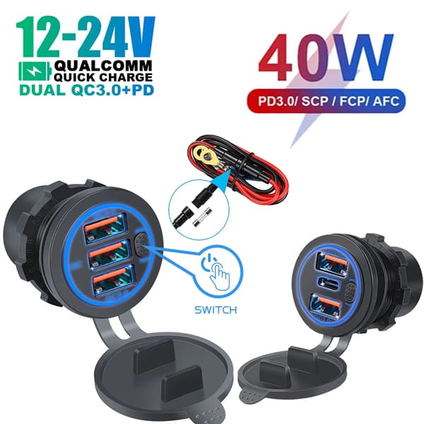 12V/24V Triple Porte 68W USB-C Multipel Biloplader Socket PD3.0 3USB QC3.0 Porte Med Touch Switch Hurtig Biladapter
