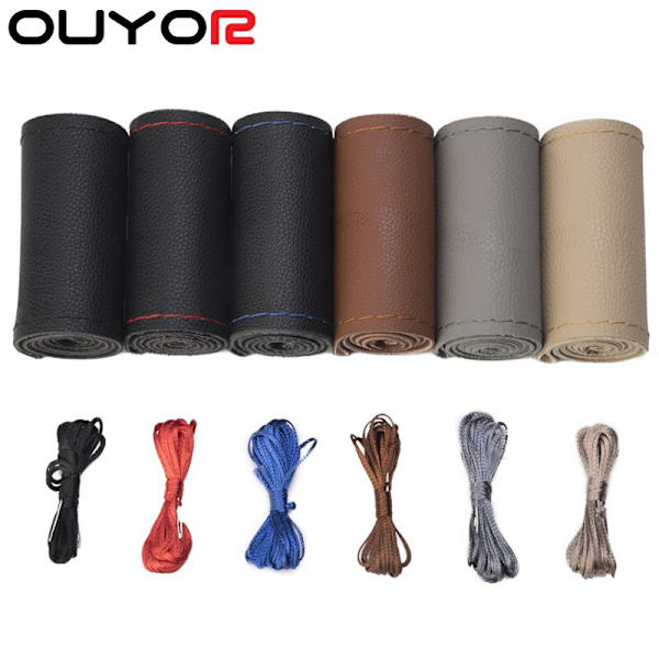 (Svart röd tråd)Rattskydd för DIY-billäder Fläta på ratten Cover med nål- och trådtillbehörssatser Black red thread
