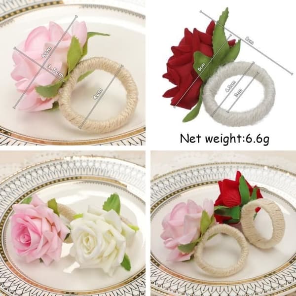 Servietringe - Uspecificeret - 6 stk. - Kunstig Blomst - Linned - Rose Design Pink