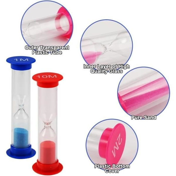 12 stk. timeglas, farverige timeglas, 30 sekunder, 1 minut, 2 minutter, 3 minutter, 5 minutter, 10 minutter, timeglas til børn