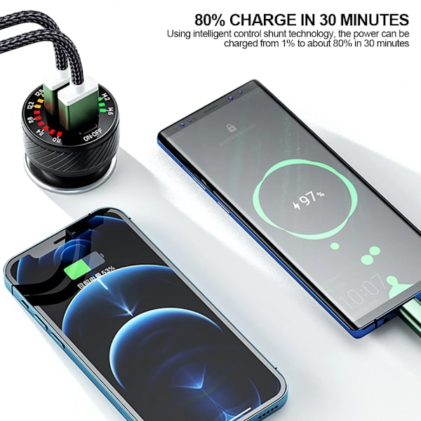 Billadapter för bil med dubbla QC 3.0 USB-portar, 18 W snabbladdning, LED-voltmeter med ON/OFF-knapp, 12 V-24 V, vattentät Silver
