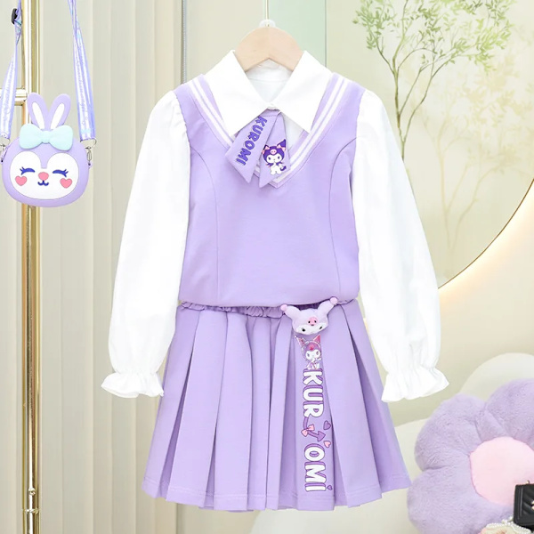 Anime Sanrios My Melody Kuromi Kawaii Autumn Winter Girl Tredelad Barnkostym Jk Plisserad kjol Skjorta Jacket Set Toddler Kuromi 2PCS 9 110cm