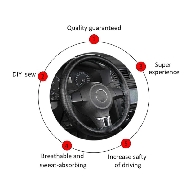 (SVART)36-38 cm gör-det-själv- cover läderfiber med nålfläta på ratten Skidproof Car Styling Interiörtillbehör BLACK