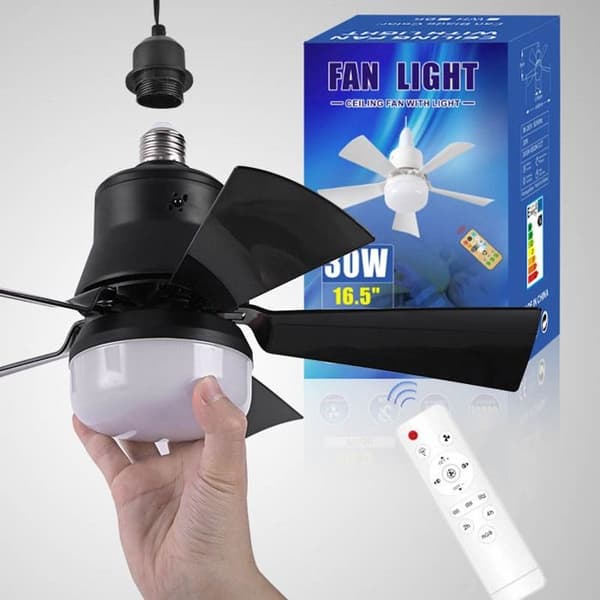 Fembladet loftventilator E27 skrue-i med aftagelige blade + base 40W sort