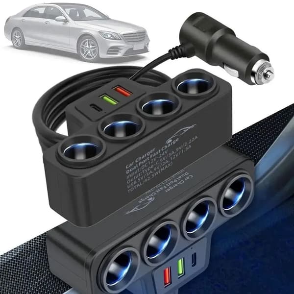 120W 4-i-1 3 USB Billader Hurtigladeplugg Adapter Splitter 12V 24V Hurtigladeplugg