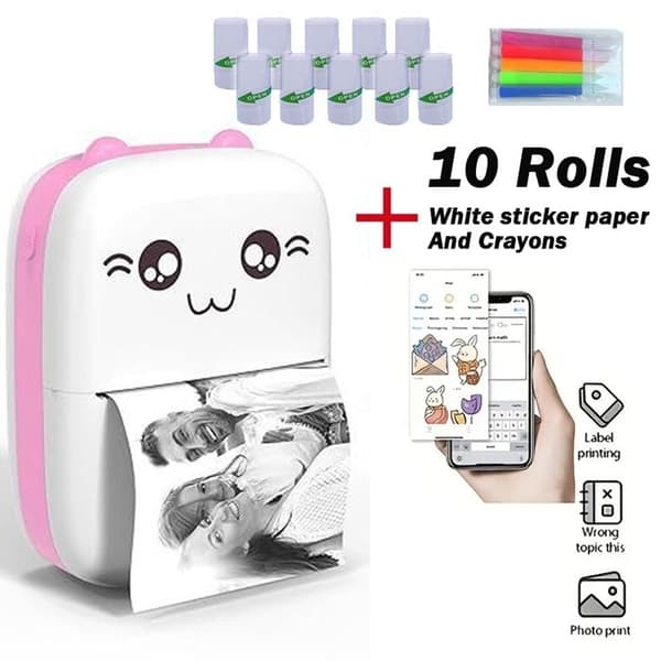 Mini bærbar Bluetooth termisk printer, 10 ruller klæbepapir, kompatibel med Android/iOS, pink