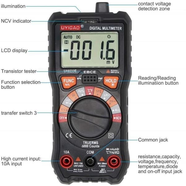 UYIGAO Digital Multimeter Auto Range Multi-Tester til måling af DC-spænding, AC-spænding, strøm