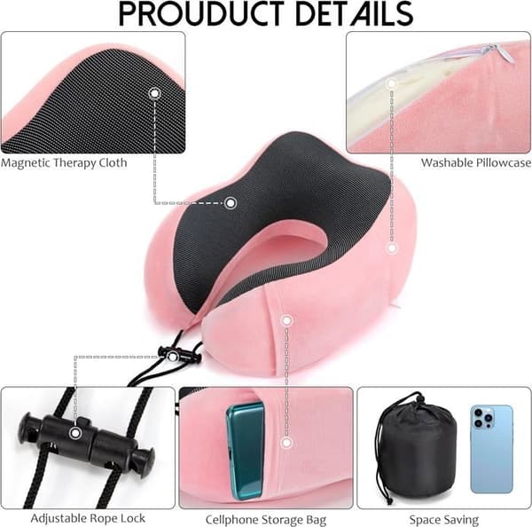 Resekudde, Nackkudde i Memory Foam, Sovmask, Öronproppar och Bärväska - Rosa