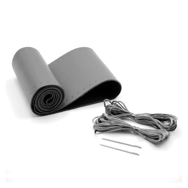 (Slät grå) Fläta äkta läder Cover med nålar Tråd Bil Kohudsflätning för 38 CM 15 tums ratt Smooth Gray
