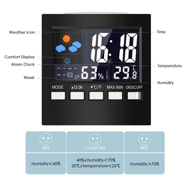 LCD Digital Termometer, Väderstation, Klocka & Alarm, Kalender, Hygrometer, Hemtemperatur & Luftfuktighet