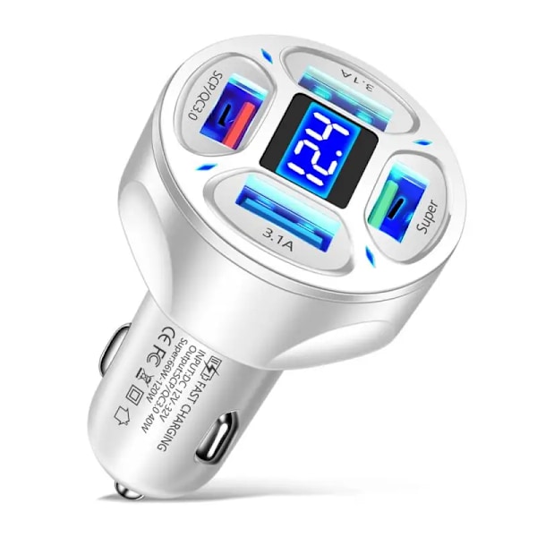 66W Billaddare LED Digital Display 4USB  Stöder Snabbladdning Multifunktionell Spänningsdetektering Auto Laddare Adapter white