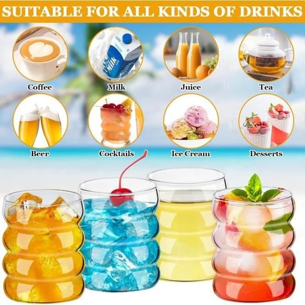 Vattenglas - Bubblor - 350ml - Räfflade Glas - Sugrör av Glas - Vågig Design Transparent