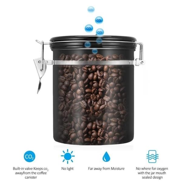 304 Lufttett Kaffebeholder i Rustfritt Stål, Oppbevaringsboks Svart-DUO