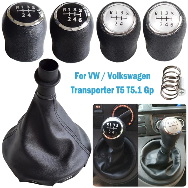 För VW Volkswagen Transporter T5 T5.1 T6 Gp 2003-2011 Växelspaksknopp Läder Damask Cover Bil 5 6 Speed-6 Speed-Black 6 Speed-Black