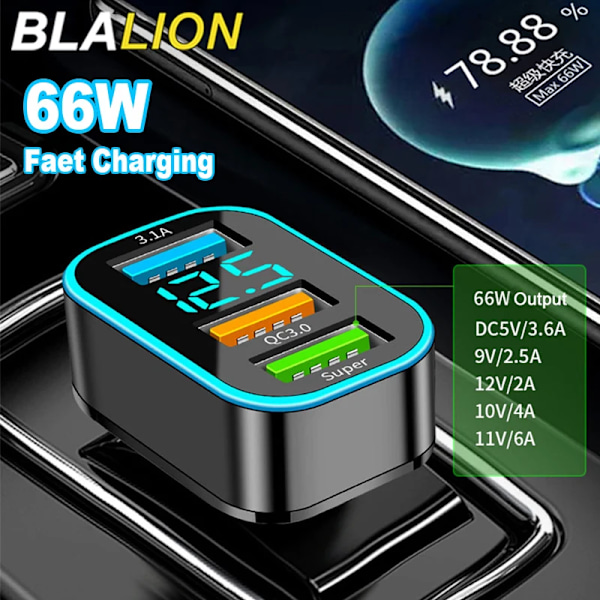 BLALION 66W Billaddare Kvadrat 3 Portar USB Billaddare Snabbladdning Auto Telefonladdare Adapter HUAWEI iPhone Samsung Super 66W QC3.0