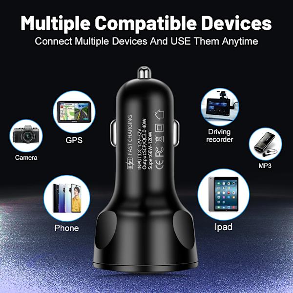 66W Billaddare LED Digital Display 4USB  Stöder Snabbladdning Multifunktionell Spänningsdetektering Auto Laddare Adapter 2usb