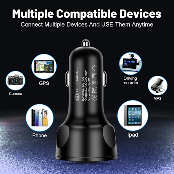66W Billaddare LED Digital Display 4USB  Stöder Snabbladdning Multifunktionell Spänningsdetektering Auto Laddare Adapter usb pd