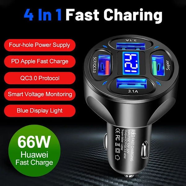 66W Billaddare LED Digital Display 4USB  Stöder Snabbladdning Multifunktionell Spänningsdetektering Auto Laddare Adapter usb pd