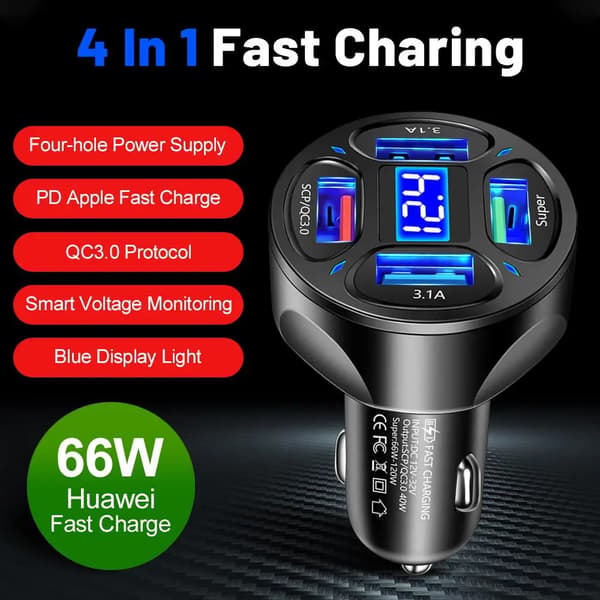 66W Billader LED Digital Skjerm 4USB Støtter Hurtiglading Multifunksjonell Spenningsdeteksjon Billaderadapter