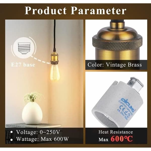 E27 lampeholder, Edison retro pendellampe, solid keramisk adapter, 5 stk. kromfarget vintage messingholder