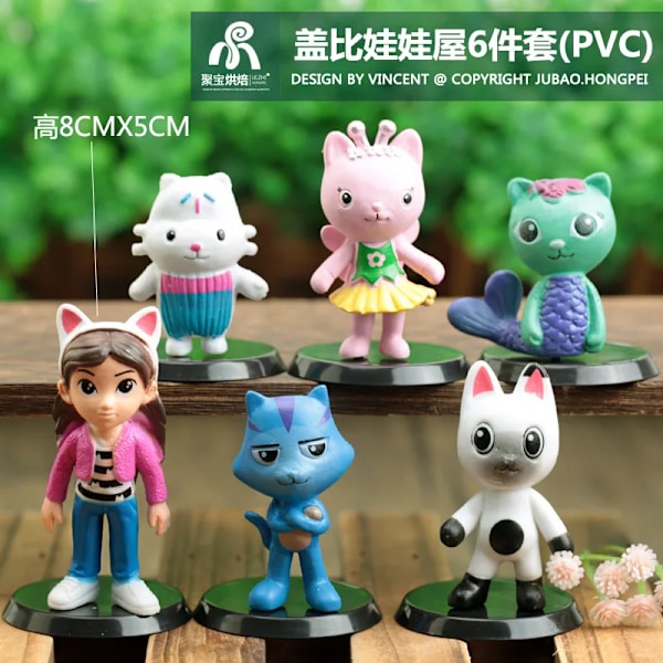 6st set PVC Gabby Dollhouse Figurleksak Mercat Tecknad gosedjur Leende Bil Katt Kram Gaby Flicka Dockor Barn Födelsedagspresenter 6pcs set