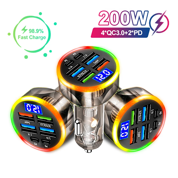 200W Bil Laddare QC3.0 Typ-C Snabbladdning Transparent Fodral PD för IPhone 15 14 13 12 Xiaomi Poco Samsung Snabbladdare Laddning 2 Port Volt display