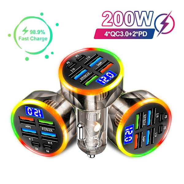 200W Bil Laddare QC3.0 Typ-C Snabbladdning Transparent Fodral PD för IPhone 15 14 13 12 Xiaomi Poco Samsung Snabbladdare Laddning 5 Port Volt display