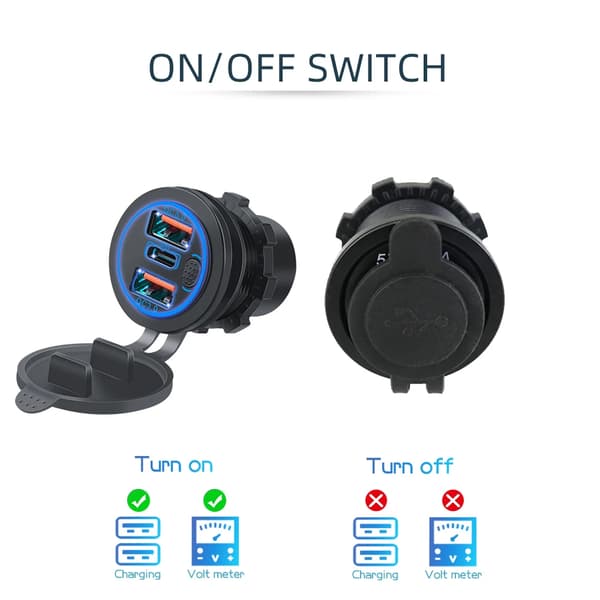 12V/24V Triple Porte 68W USB-C Multipel Biloplader Socket PD3.0 3USB QC3.0 Porte Med Touch Switch Hurtig Biladapter