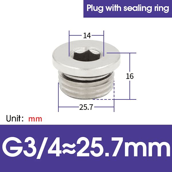 10 st/lot M5 1/8 1/4 3/8 1/2 3/4 Koppar Inre Sexkantsplugg med Tätningsring Plugg Järnplugg Ändlock för Pneumatisk Plugg Seal 3 4