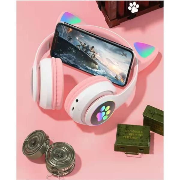 Kat Øre Bluetooth Headset til Piger, Foldbare Stereo Hovedtelefoner med LED Lys / PS4 / PC / Tablet / TV (Pink + Hvid) Pink + white