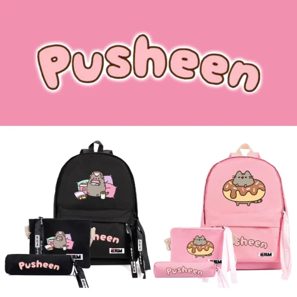 3 st Söt Pusheen- print Kvinnor Tjejryggsäck Harajuku Kawaii Katt Kvinnlig Student Flickor Skolväska Stor kapacitet Resesäck 2