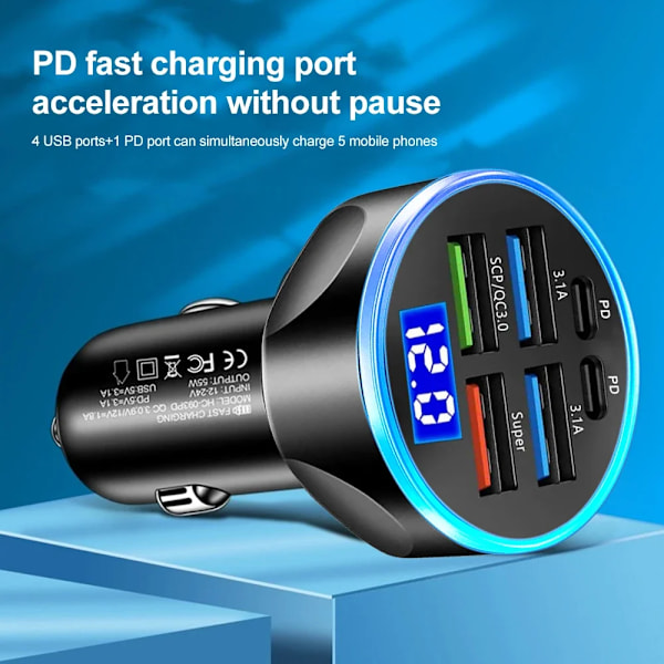 250W 6-portars billaddare snabbladdning PD QC3.0 USB C billaddare typ C-adapter i bilen för iPhone Samsung Huawei Xiaomi 6 Port Volt display