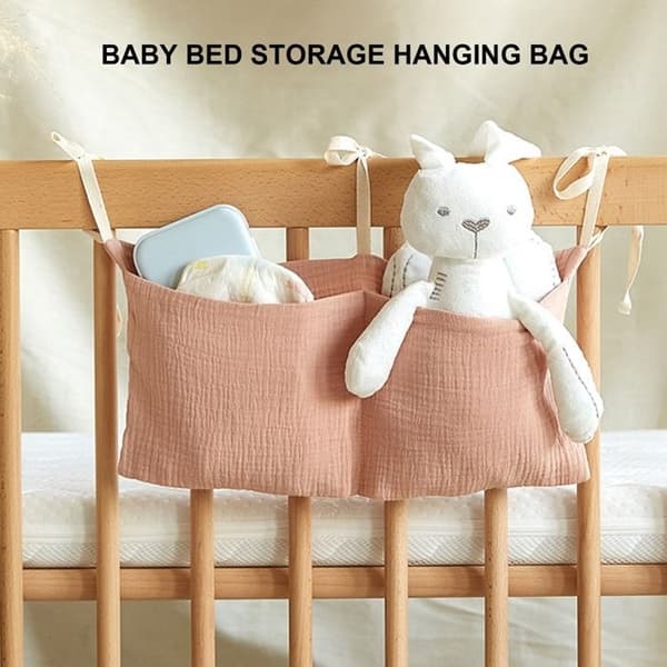 Hængende opbevaringspose til babyseng, 2 lommer, justerbar rem, opbevaringspose til babyseng til legetøj