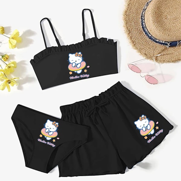 Sommar Kawaii Barn Flickor Sanrios 3st Baddräkt Anime Kuromi My Melody Hellokittys Cinnamoroll Tecknad Väst Kalsonger Shorts Black-D 130