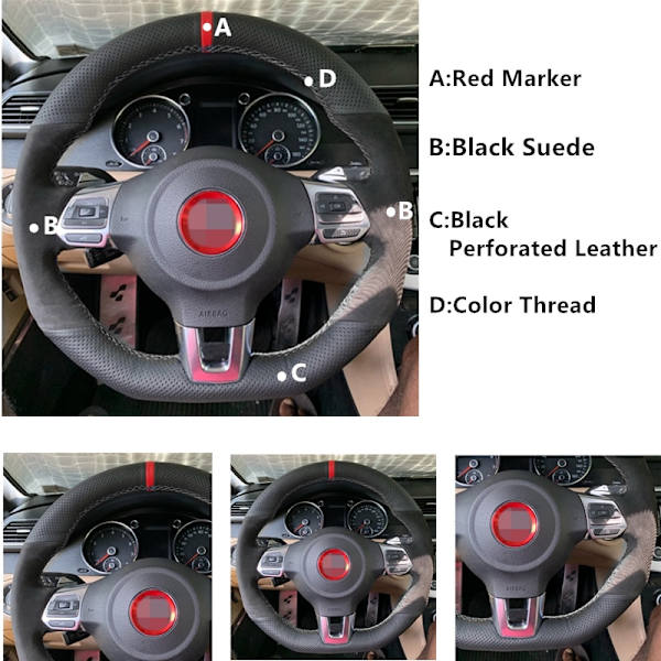 (Röd markörtråd) Svart mockaläder Cover för Volkswagen Golf 6 GTI MK6 VW Polo GTI Scirocco R Passat CC R-Line 2010 Red Marker Thread